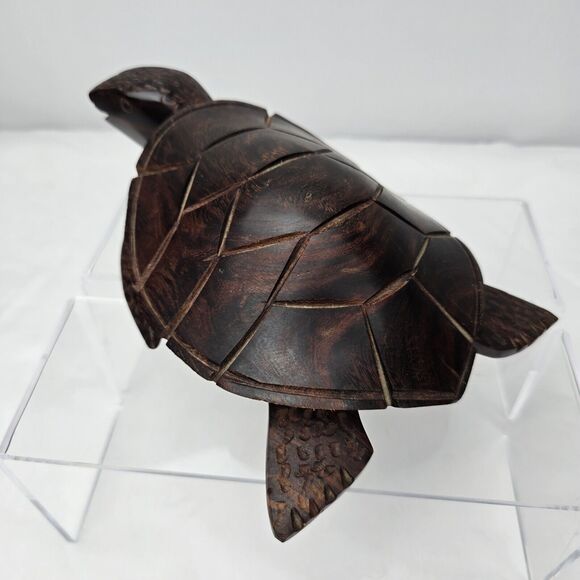 Turtle Figure Wood Hand Carved Beautiful Details Dark Brown Solid 8" x 5.75" - Picture 5 of 12